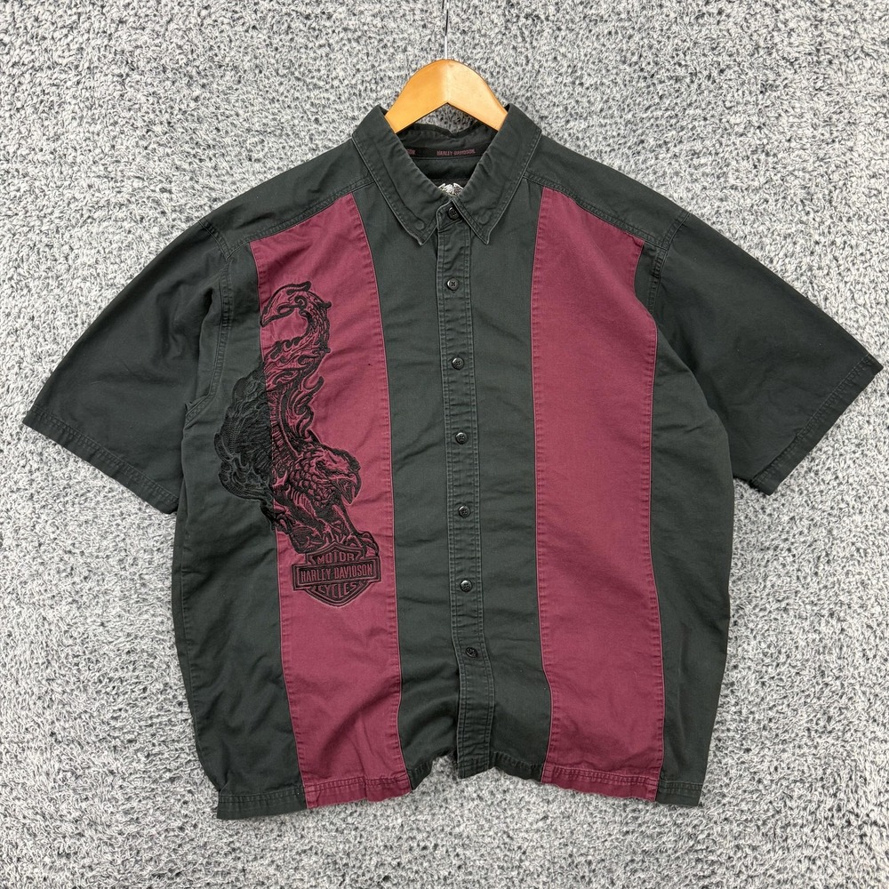 Vintage Harley Davidson Shirt Mens 2XL Colorblock Eagle Button Up Biker Mechanic